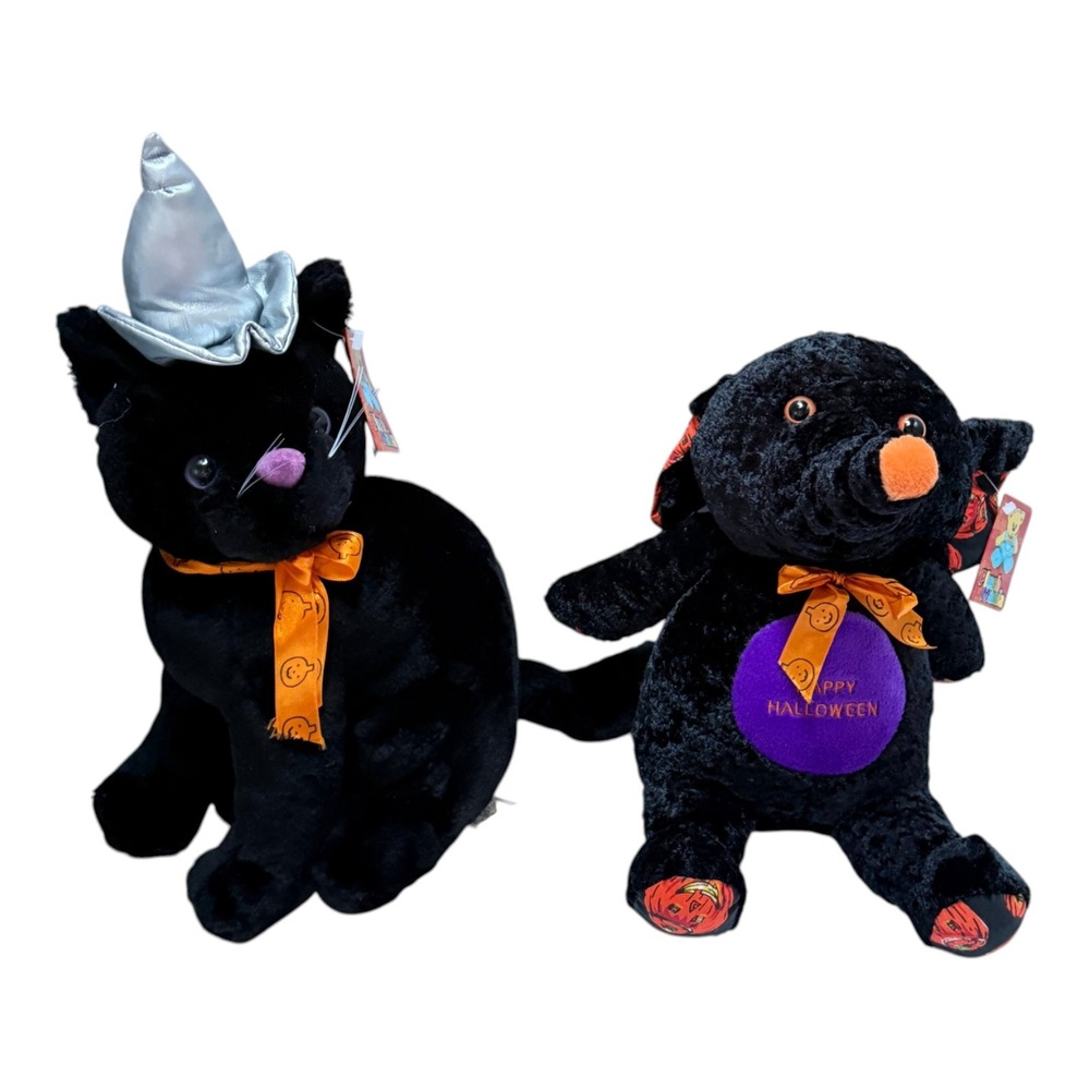 Plush Mania Halloween Lot 2 Black Cat and Elephant Orange Black Vintage 2000